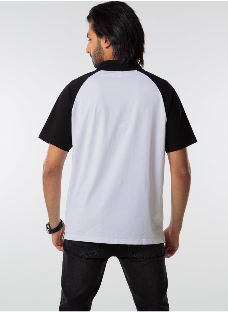 Men Polo T-Shirt Casual Zip Collar Black White Short Sleeve