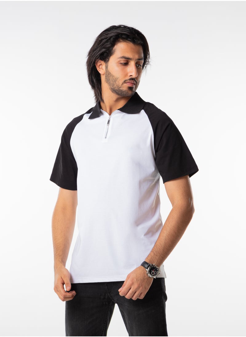 Men Polo T-Shirt Casual Zip Collar Black White Short Sleeve