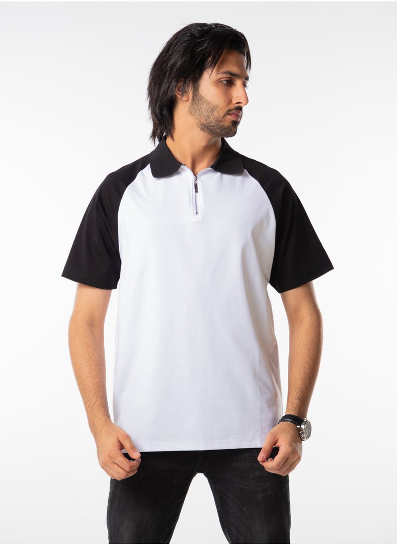 Men Polo T-Shirt Casual Zip Collar Black White Short Sleeve