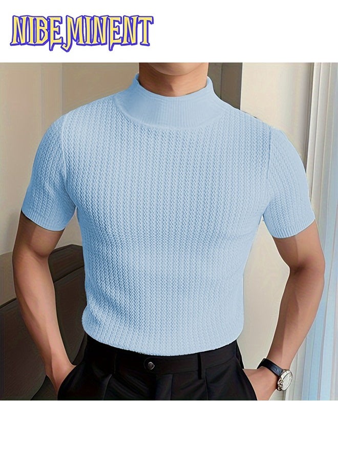 Turtleneck Chic Elegant T-shirt, Men's Casual Short Sleeve Shirt For Summer Dating Dinner