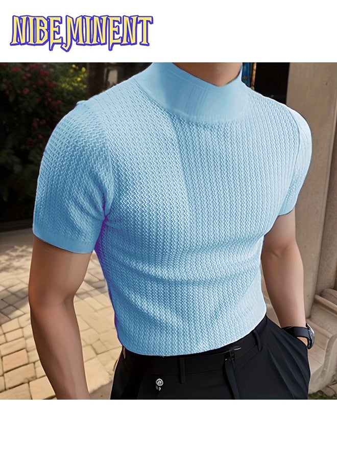 Turtleneck Chic Elegant T-shirt, Men's Casual Short Sleeve Shirt For Summer Dating Dinner