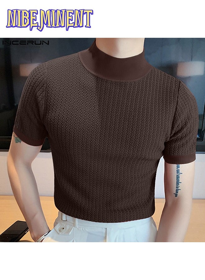 Turtleneck Chic Elegant T-shirt, Men's Casual Short Sleeve Shirt For Summer Dating Dinner