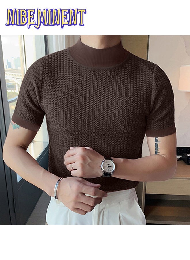 Turtleneck Chic Elegant T-shirt, Men's Casual Short Sleeve Shirt For Summer Dating Dinner