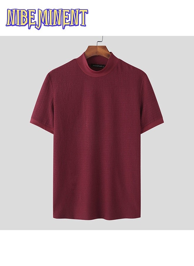 Turtleneck Chic Elegant T-shirt, Men's Casual Short Sleeve Shirt For Summer Dating Dinner