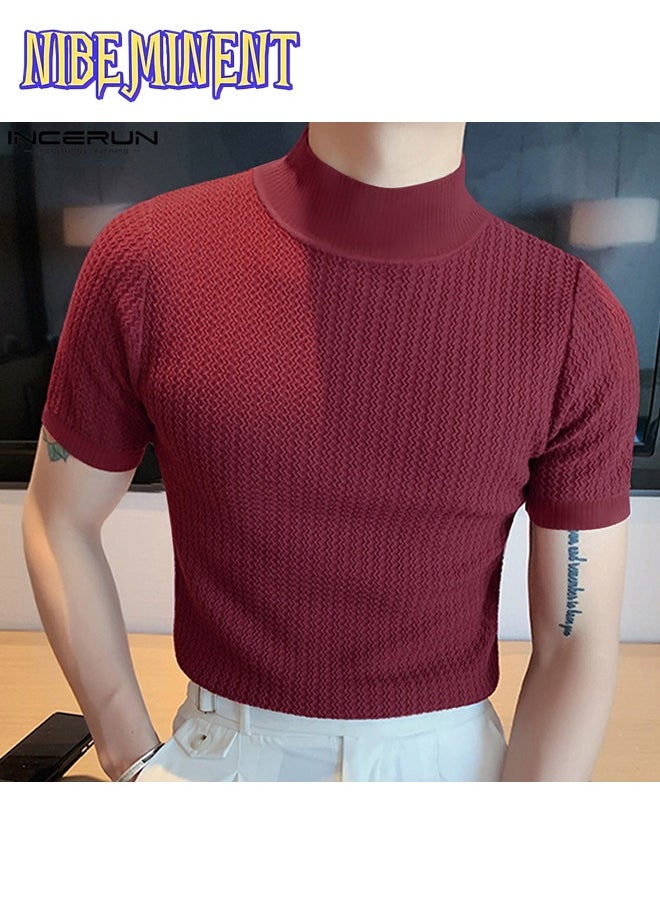 Turtleneck Chic Elegant T-shirt, Men's Casual Short Sleeve Shirt For Summer Dating Dinner