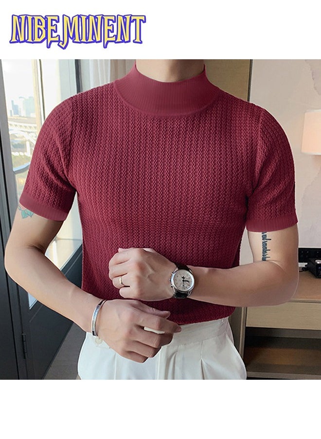 Turtleneck Chic Elegant T-shirt, Men's Casual Short Sleeve Shirt For Summer Dating Dinner