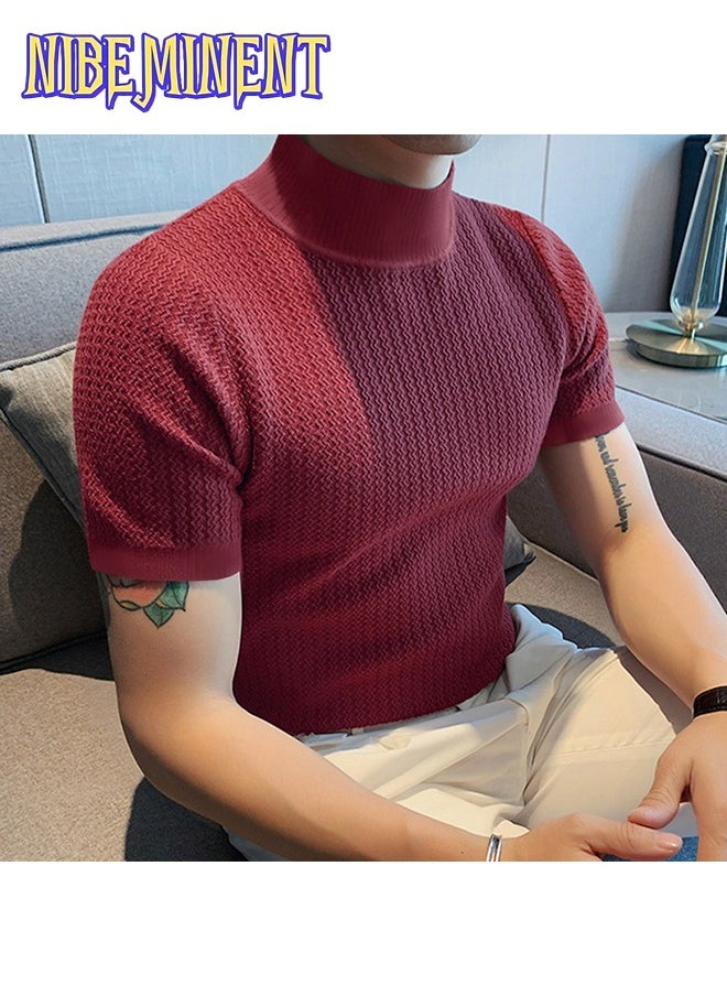 Turtleneck Chic Elegant T-shirt, Men's Casual Short Sleeve Shirt For Summer Dating Dinner