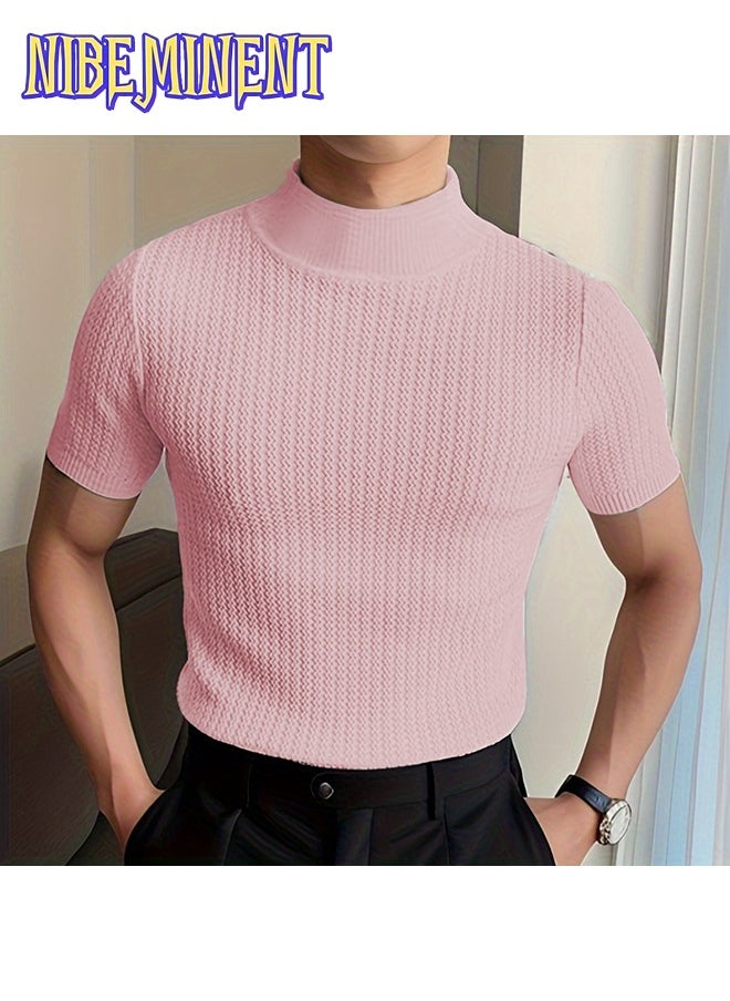 Turtleneck Chic Elegant T-shirt, Men's Casual Short Sleeve Shirt For Summer Dating Dinner