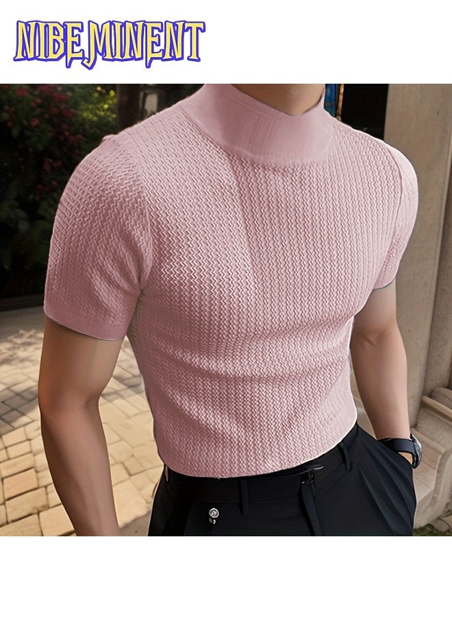 Turtleneck Chic Elegant T-shirt, Men's Casual Short Sleeve Shirt For Summer Dating Dinner