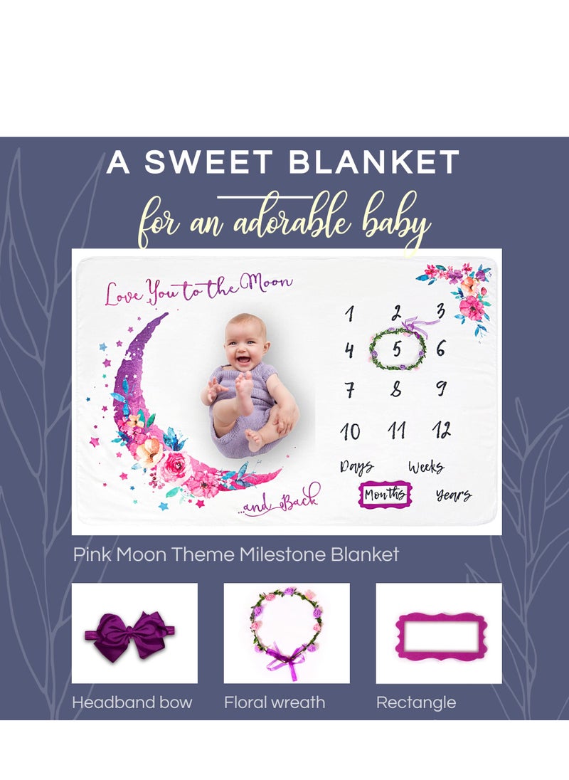 Baby Girl Milestone Blanket - 60x40 Moon-Themed Monthly Growth Chart for First Year, Includes Washable Headband, Perfect Baby Shower Gift for New Moms.