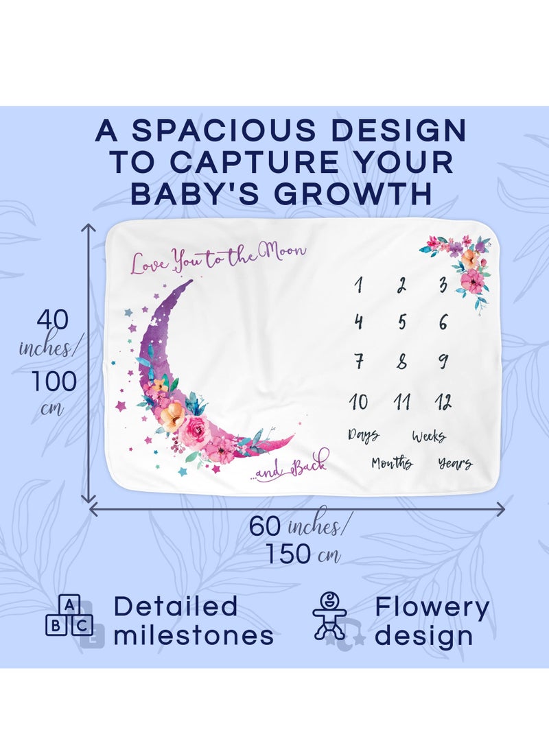 Baby Girl Milestone Blanket - 60x40 Moon-Themed Monthly Growth Chart for First Year, Includes Washable Headband, Perfect Baby Shower Gift for New Moms.