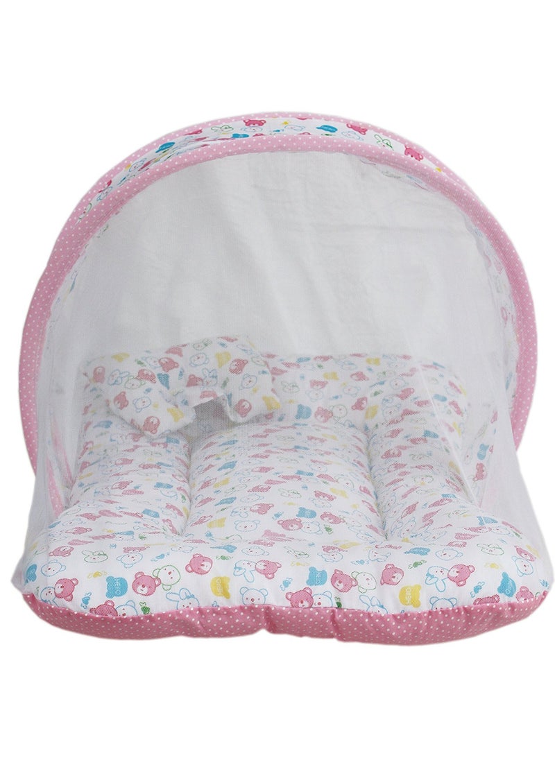 Babyjoys Toddler Mattress with Mosquito Net Pink Teddy Print 70 40 cms
