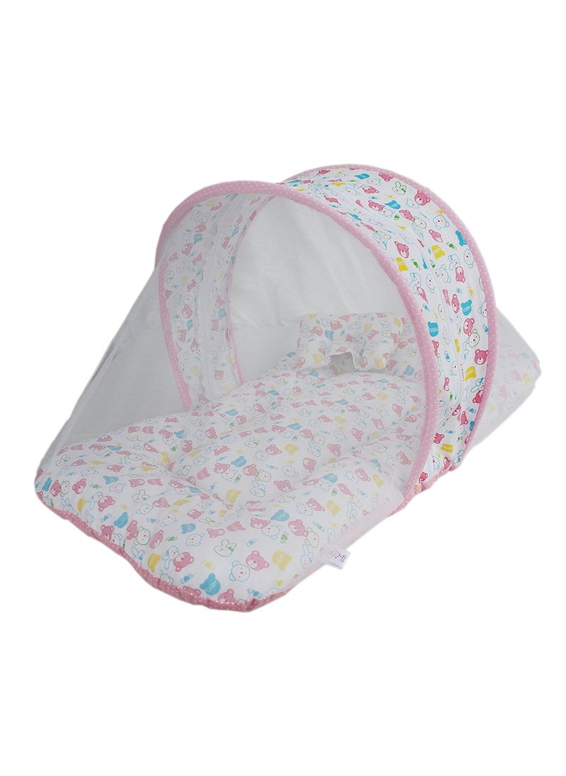 Babyjoys Toddler Mattress with Mosquito Net Pink Teddy Print 70 40 cms