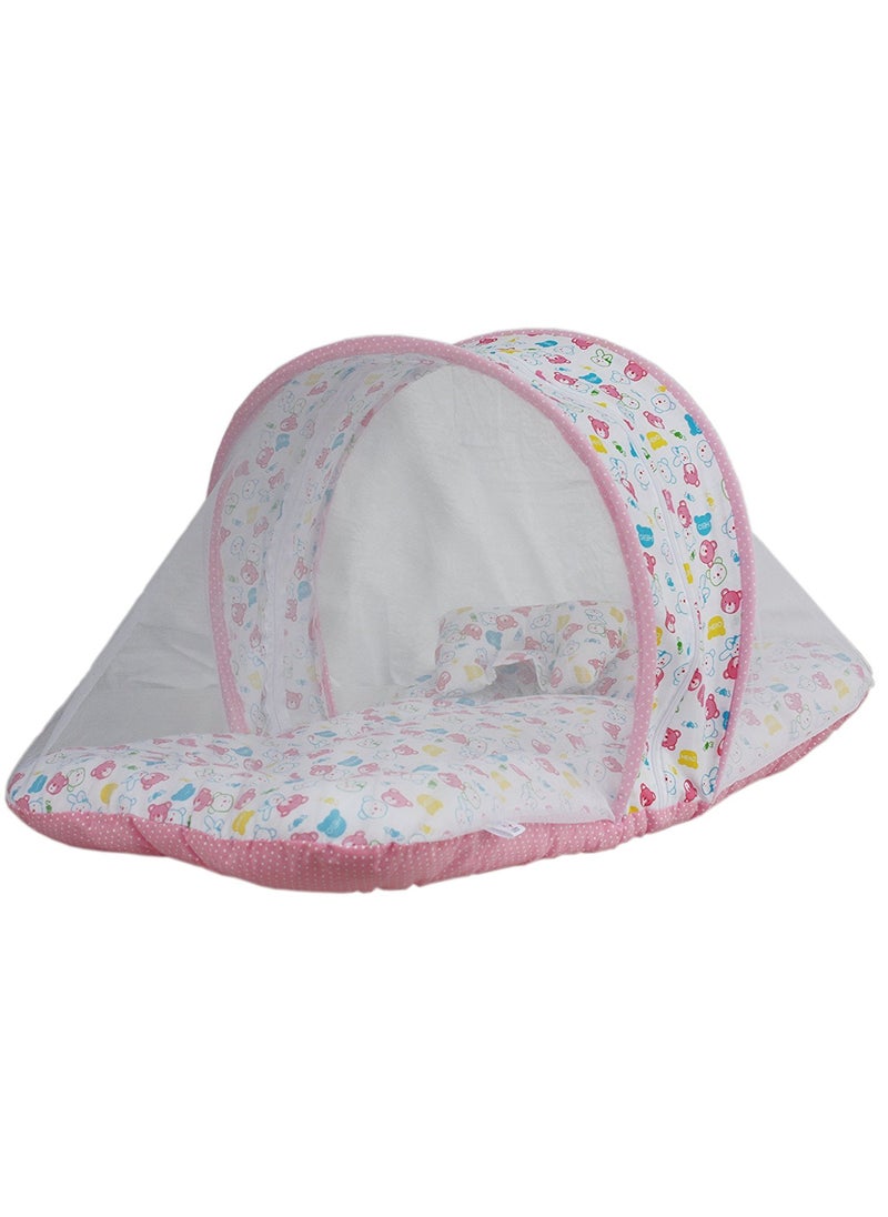 Babyjoys Toddler Mattress with Mosquito Net Pink Teddy Print 70 40 cms