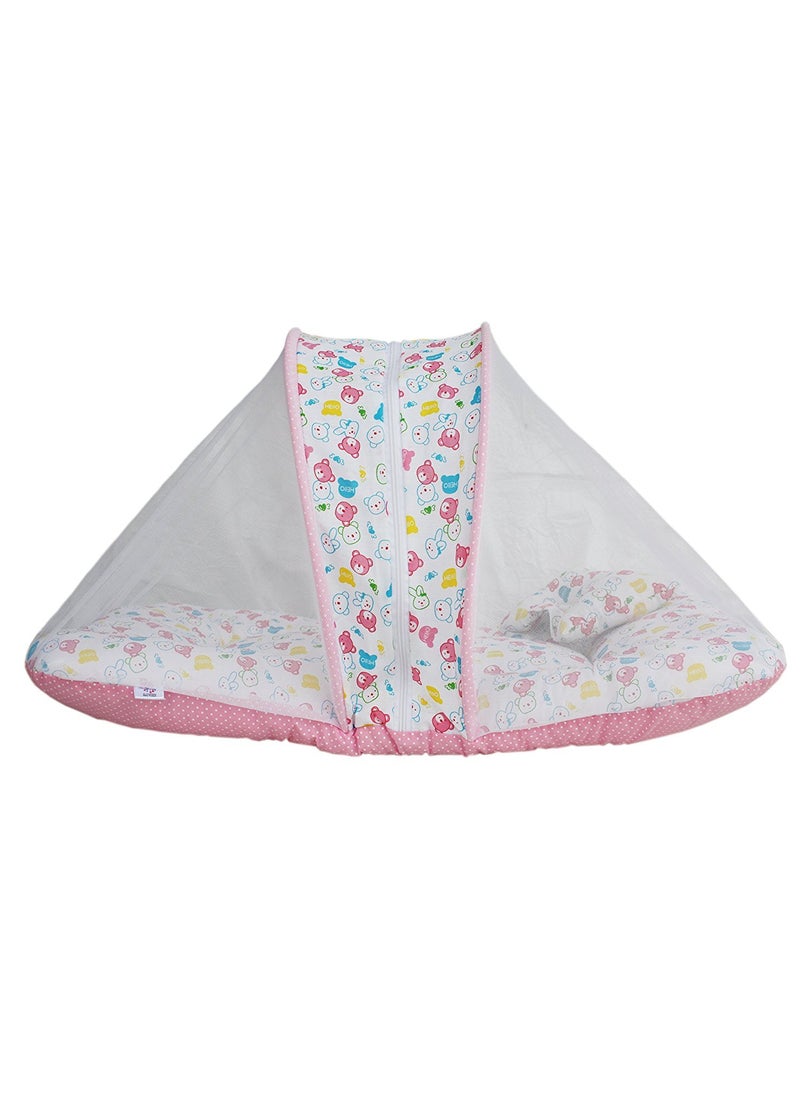 Babyjoys Toddler Mattress with Mosquito Net Pink Teddy Print 70 40 cms
