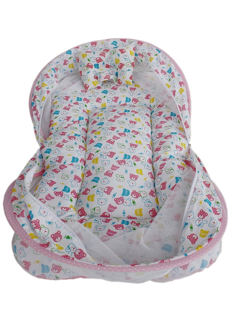 Babyjoys Toddler Mattress with Mosquito Net Pink Teddy Print 70 40 cms