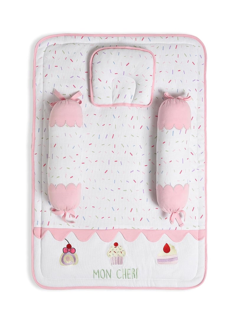 Mi Arcus Pink Cotton Printed Mattress with Head Support and Bolsters Pillow for Baby Girl boy Kids Infants Toddlers 85x85 cm