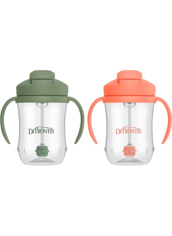 Dr. Brown's Milestones Baby's First Straw Cup Sippy Cup with Straw 6m+, 9oz/270ml, 2 Pack, Coral & Olive Green