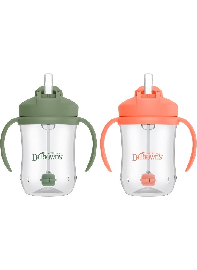 Dr. Brown's Milestones Baby's First Straw Cup Sippy Cup with Straw 6m+, 9oz/270ml, 2 Pack, Coral & Olive Green
