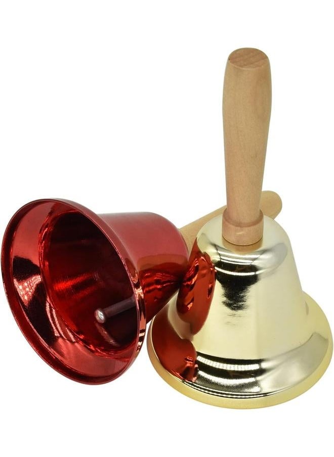 2 Pcs Hand Call Bells Loud Hand Bells Metal Signal Ringing Bell  Santa Bells with Handle for Service Dinner School , Brass Gold & Red