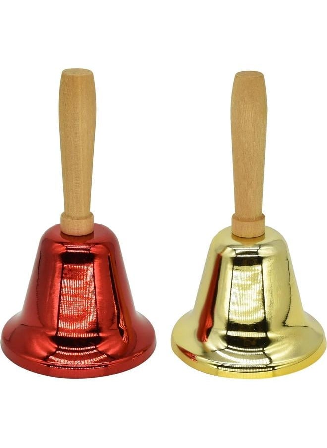 2 Pcs Hand Call Bells Loud Hand Bells Metal Signal Ringing Bell  Santa Bells with Handle for Service Dinner School , Brass Gold & Red