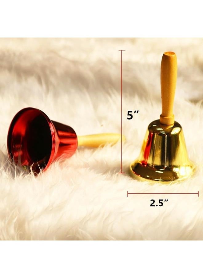 2 Pcs Hand Call Bells Loud Hand Bells Metal Signal Ringing Bell  Santa Bells with Handle for Service Dinner School , Brass Gold & Red
