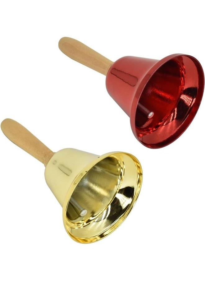 2 Pcs Hand Call Bells Loud Hand Bells Metal Signal Ringing Bell  Santa Bells with Handle for Service Dinner School , Brass Gold & Red