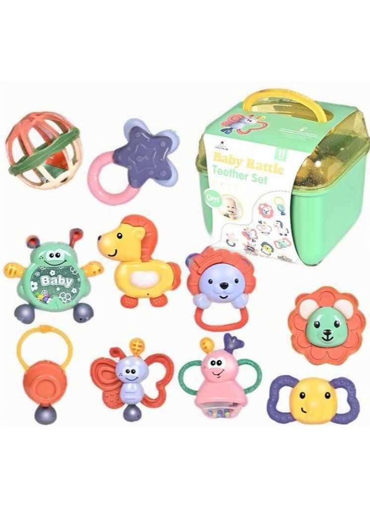 Teether Set Baby Toy, 11PCS Baby Rattles  Teether Set with Storage Box, BPA Free Soft Silicone Teething Toys for Newborns, Safe Gentle for Babies, Ideal Baby Rattle Teether Set, 3-12 Months