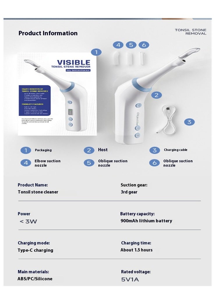 Electric visualization, vacuum tonsil stone remover, clear visibility, oral cleaning care tool