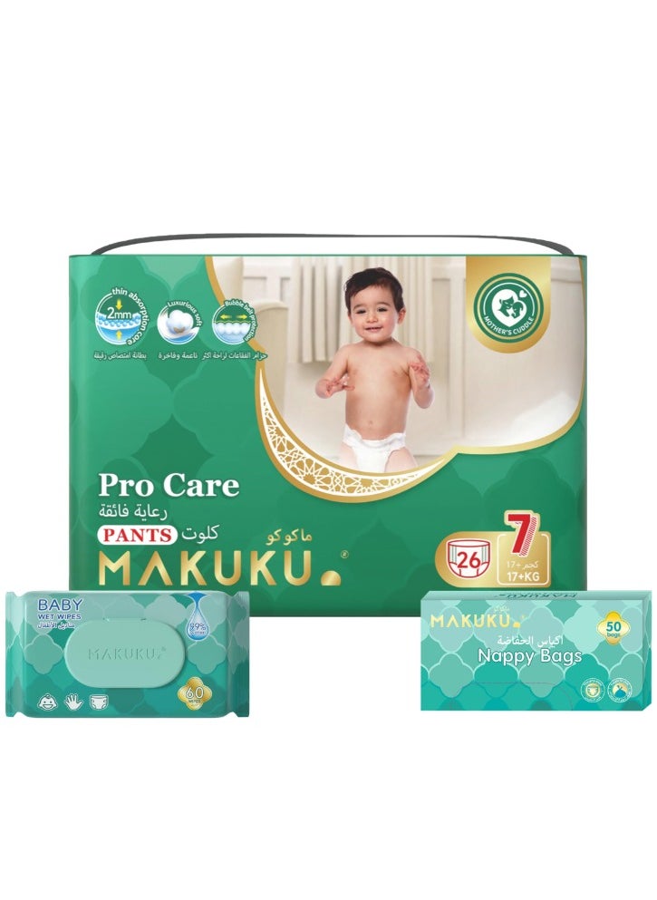 Diapers Pro Care Pants Size 7 XXXLarge And Wipes With Nappy Bags For Baby Unisex 26 Diapers + 60 Wipes + 50 Bags