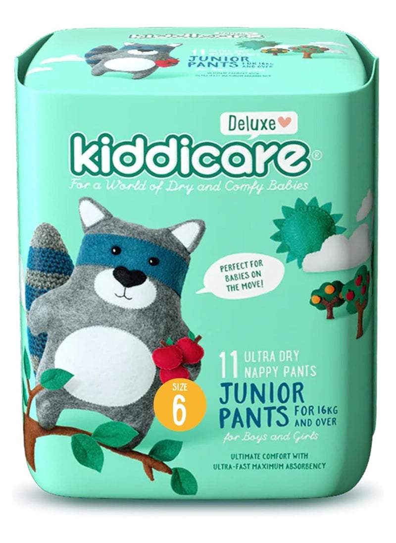 Kiddicare Deluxe Nappy Junior Diaper Pants, Size 6, 11 Count, Leakage Protection, 16+ kg, Anti Rash, 12 Hours Absorption, with Stretchy Sides for Better Fit, Soft, Ultra Fast High Absorb
