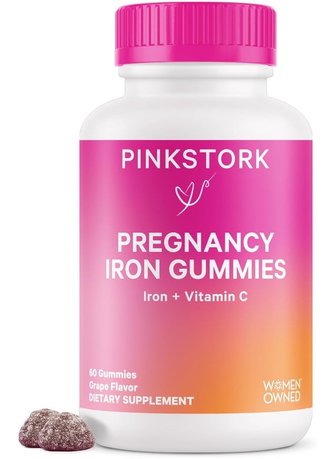 Pink Stork Prenatal Iron Supplement for Women, Grape Chewable Iron Gummies with Vitamin C, Pregnancy Must Haves, Prenatal Vitamins for Iron Deficiency, 60 Gummy Chews