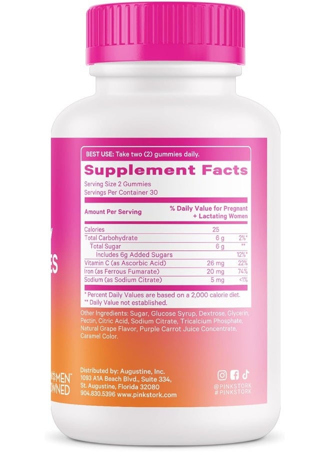Pink Stork Prenatal Iron Supplement for Women, Grape Chewable Iron Gummies with Vitamin C, Pregnancy Must Haves, Prenatal Vitamins for Iron Deficiency, 60 Gummy Chews