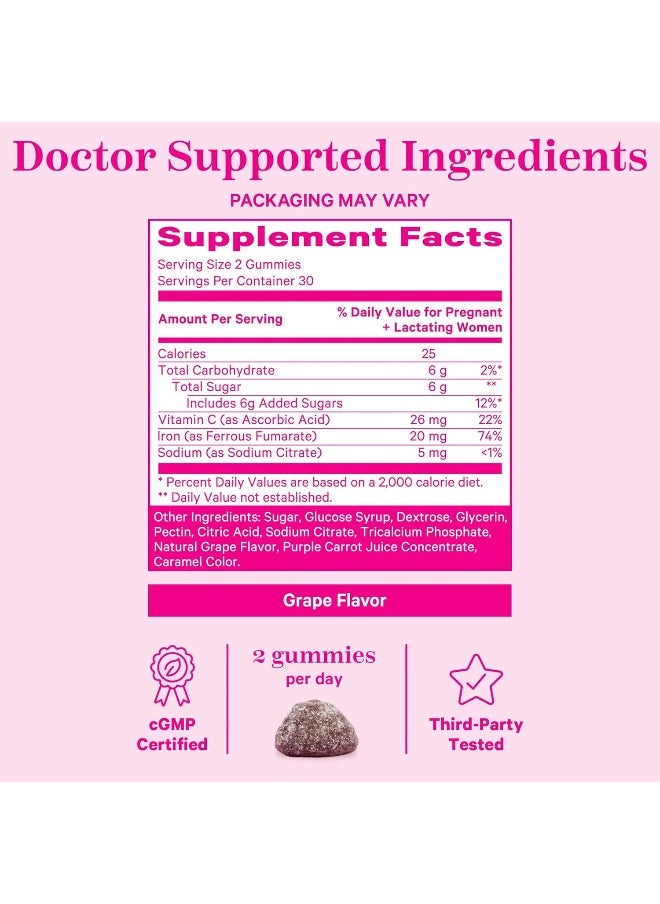 Pink Stork Prenatal Iron Supplement for Women, Grape Chewable Iron Gummies with Vitamin C, Pregnancy Must Haves, Prenatal Vitamins for Iron Deficiency, 60 Gummy Chews