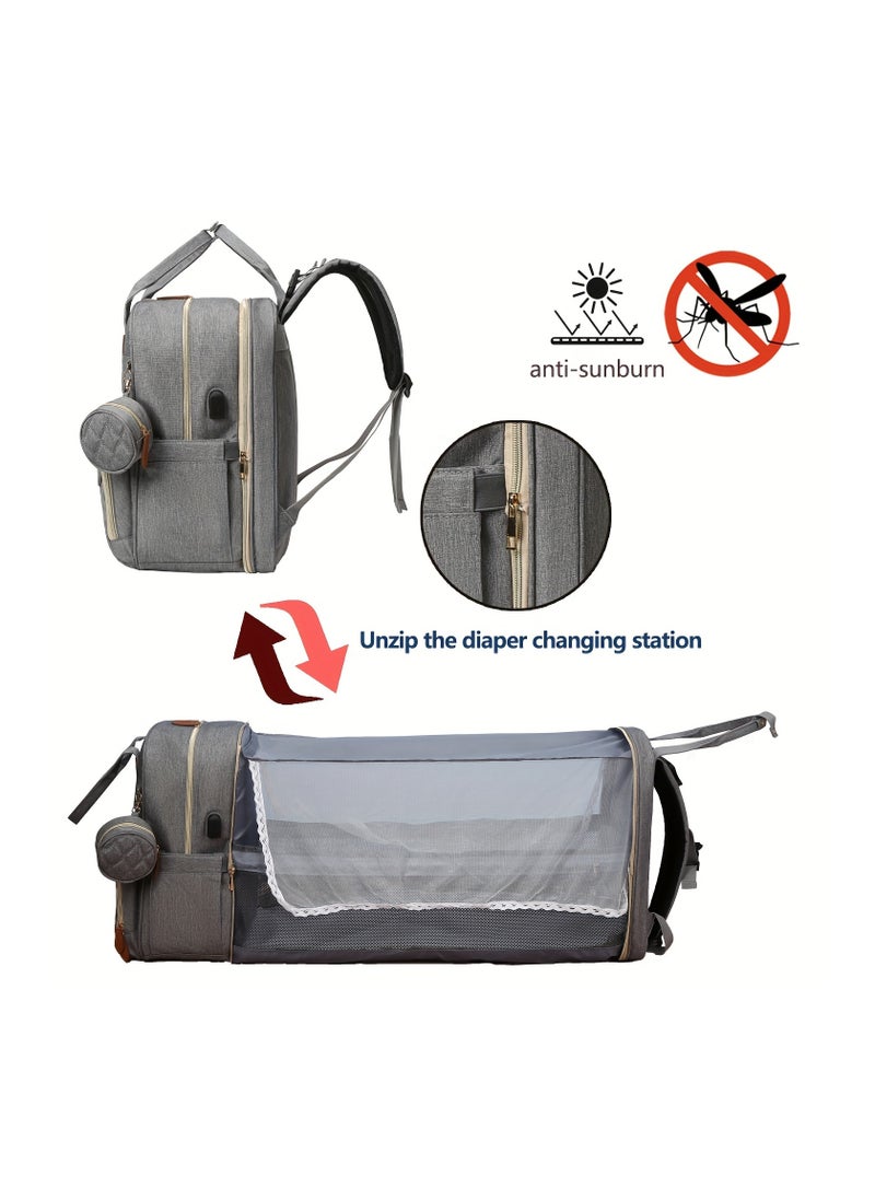 1pc Diaper Bag Backpack with Changing Pad - Multi-Functional Polyester Travel Bag with USB Charging Port, Zipper Closure, Anti-Sunburn Design, Utility Pocket, and Strong Handle Strap for Moms and Dads - Ideal for Preschool and Travel Use- Grey