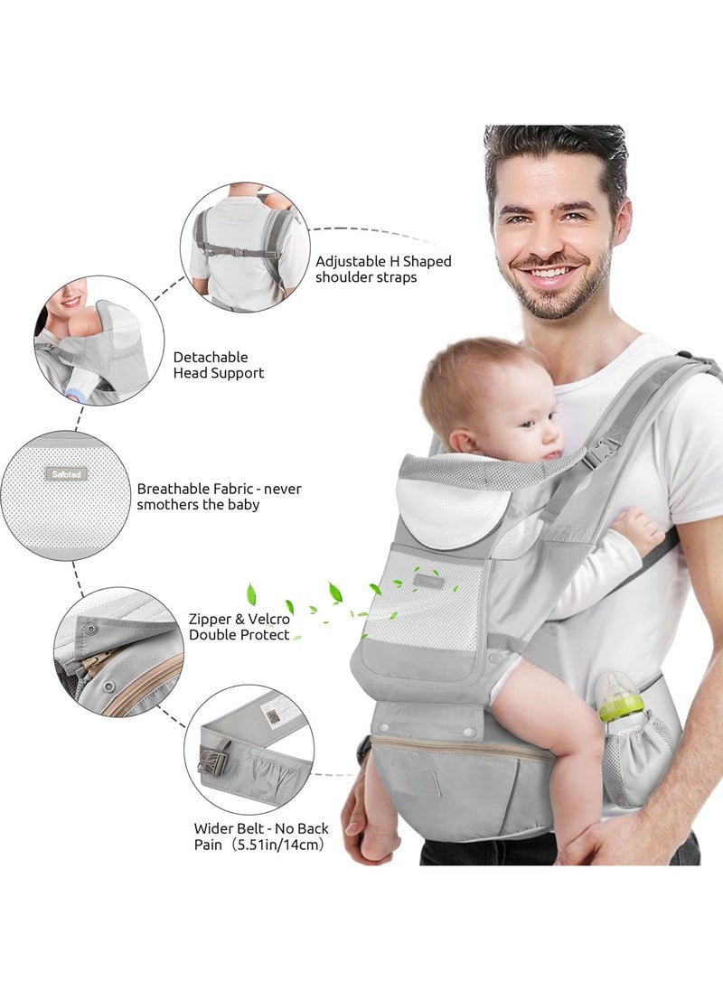 Baby Carrier with Hip Seat,Ergonomic M Position 6in1 Baby Carrier Newborn to Toddler,Head Support and Breathable Mesh Newborn Carrier,Adjustable Baby Holder Carrier for Dad&Mom-Grey