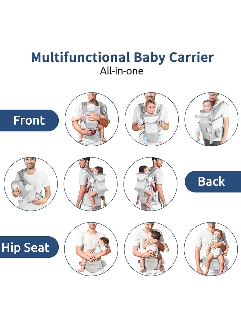 Baby Carrier with Hip Seat,Ergonomic M Position 6in1 Baby Carrier Newborn to Toddler,Head Support and Breathable Mesh Newborn Carrier,Adjustable Baby Holder Carrier for Dad&Mom-Grey