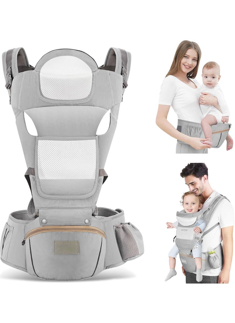 Baby Carrier with Hip Seat,Ergonomic M Position 6in1 Baby Carrier Newborn to Toddler,Head Support and Breathable Mesh Newborn Carrier,Adjustable Baby Holder Carrier for Dad&Mom-Grey