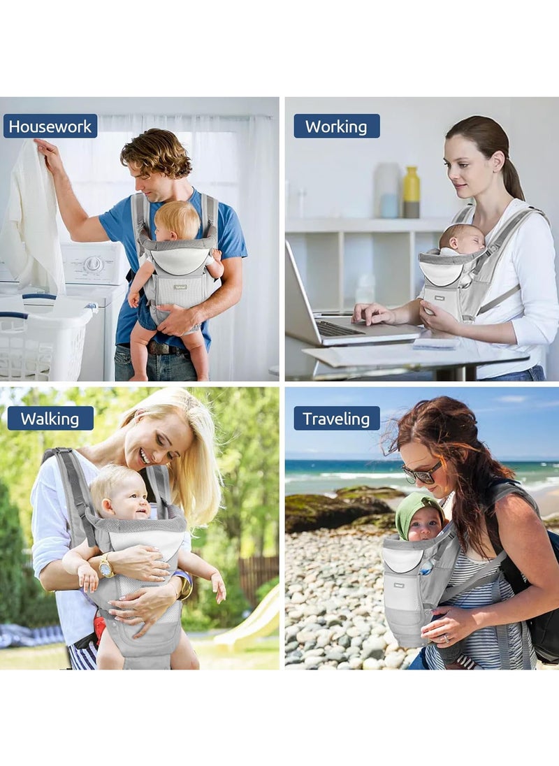 Baby Carrier with Hip Seat,Ergonomic M Position 6in1 Baby Carrier Newborn to Toddler,Head Support and Breathable Mesh Newborn Carrier,Adjustable Baby Holder Carrier for Dad&Mom-Grey