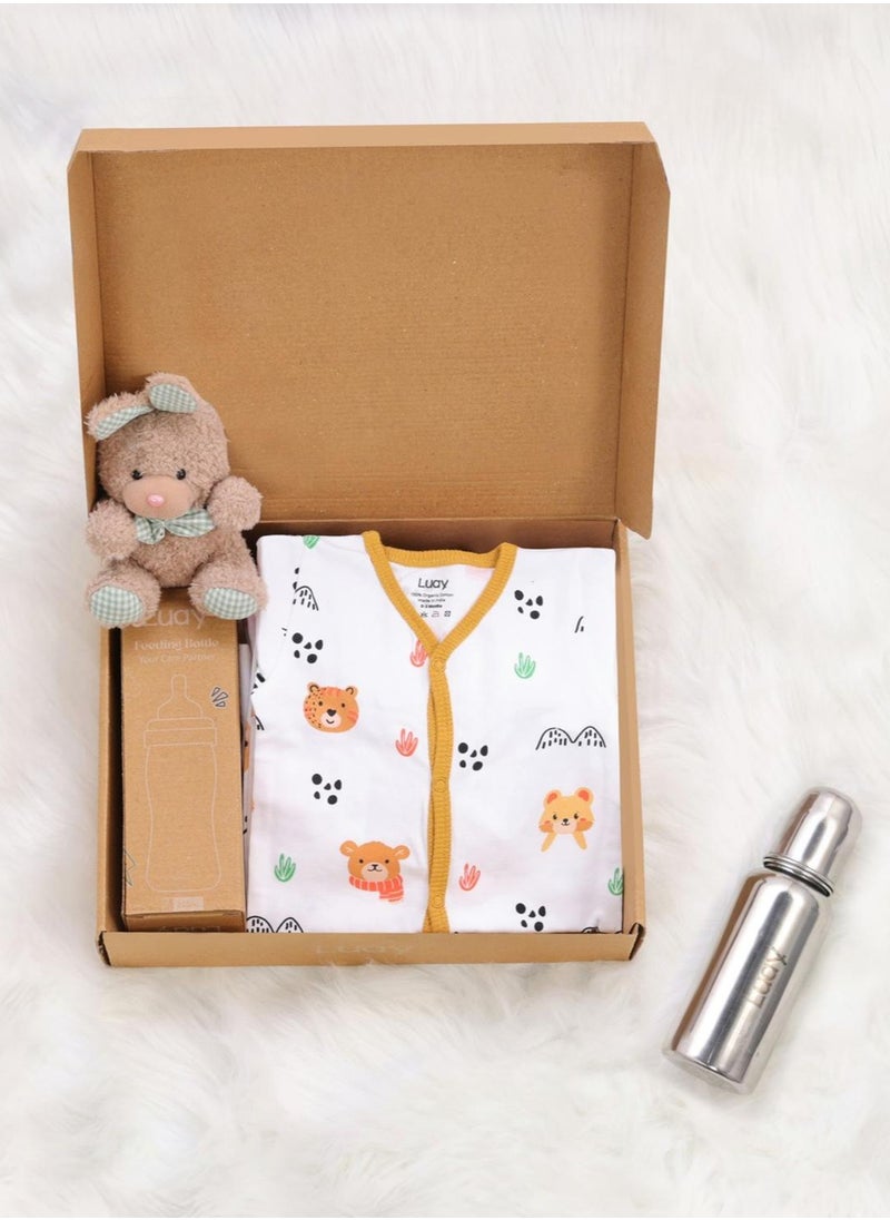 Premium Gift Box Set with The Baby Romper, Baby Feeding Bottle and Teddy Bear Best Hamper for Babies (3-6 M)