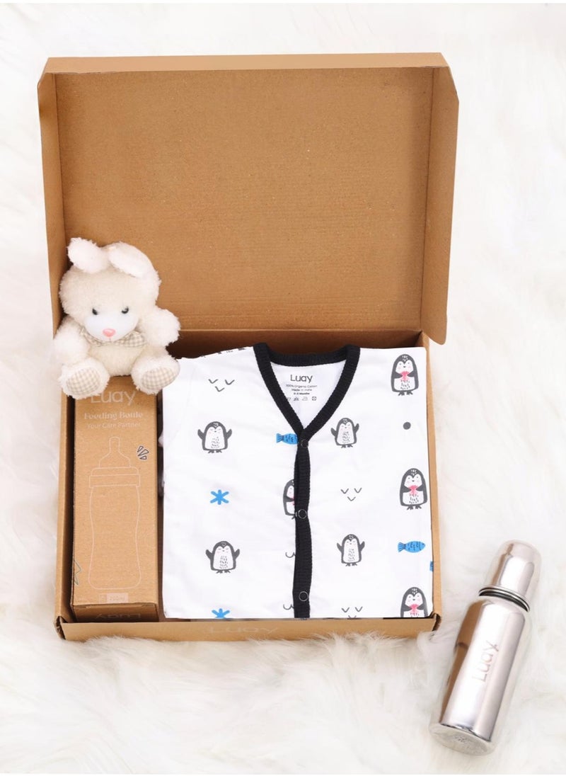 Premium Gift Box Set with The Baby Romper, Baby Feeding Bottle and Teddy Bear Best Hamper for Babies (0-3 M)