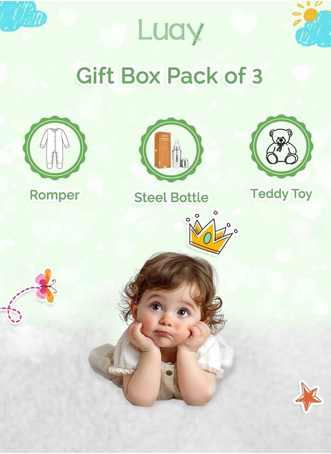 Premium Gift Box Set with The Baby Romper, Baby Feeding Bottle and Teddy Bear Best Hamper for Babies