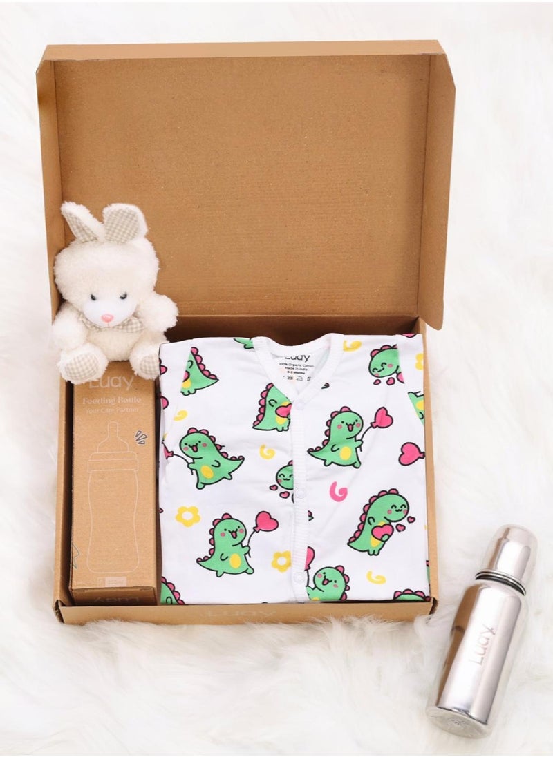 Premium Gift Box Set with The Baby Romper, Baby Feeding Bottle and Teddy Bear Best Hamper for Babies (6-9 M)