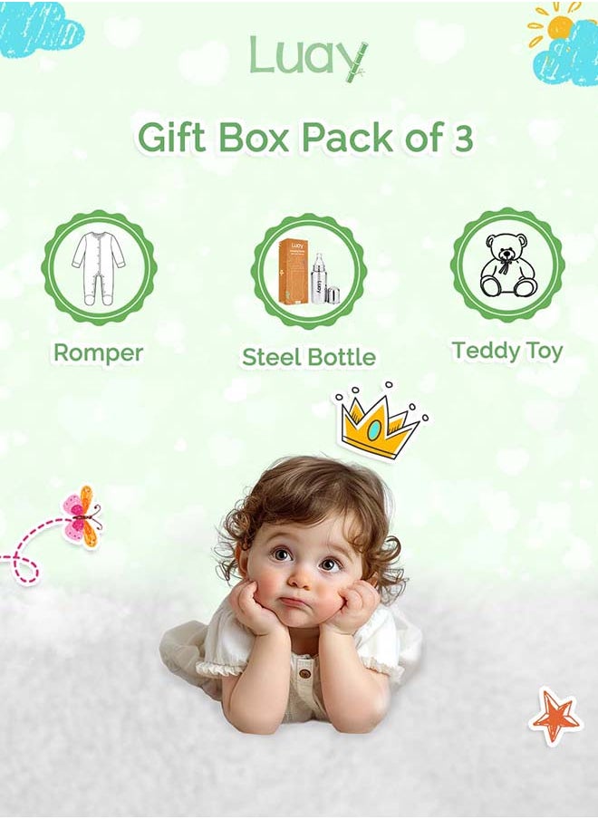 Premium Gift Box Set with The Baby Romper, Baby Feeding Bottle and Teddy Bear Best Hamper for Babies (3-6 M)