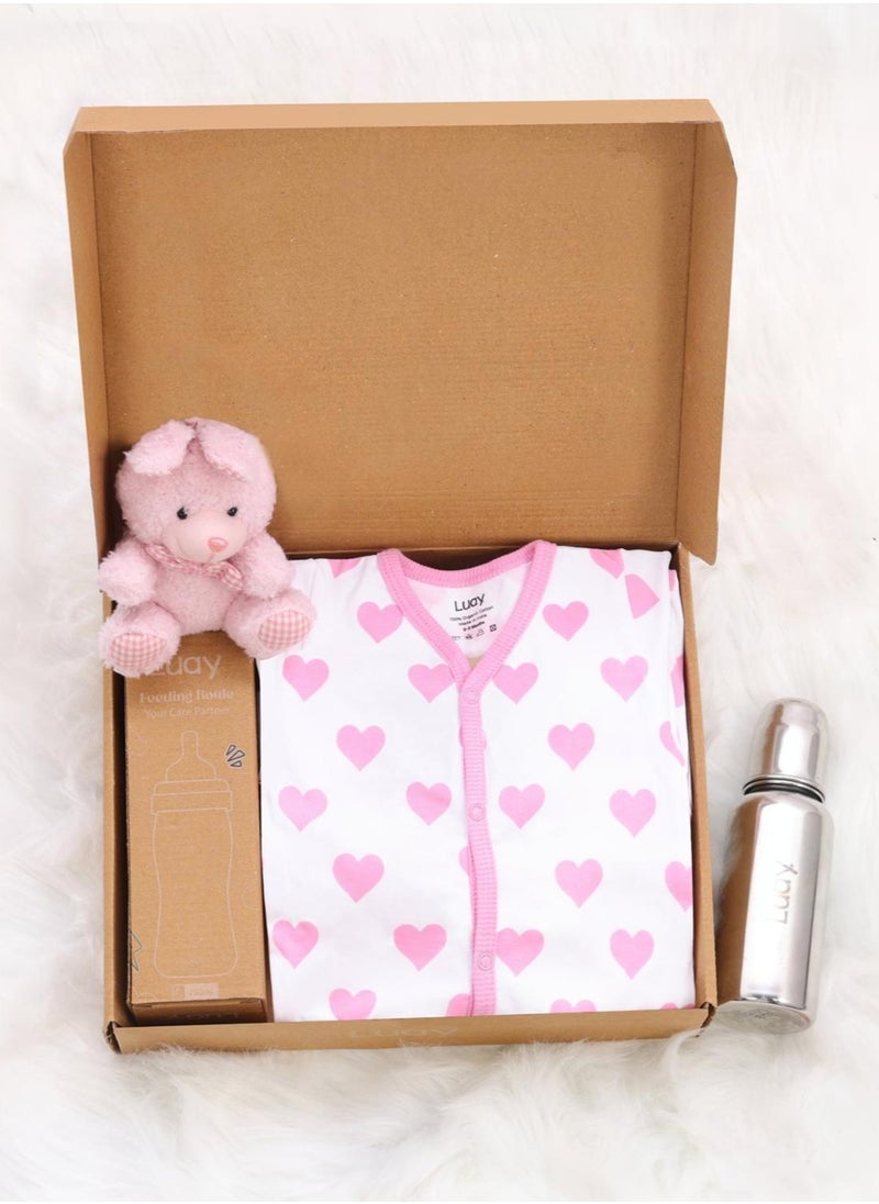 Premium Gift Box Set with The Baby Romper, Baby Feeding Bottle and Teddy Bear Best Hamper for Babies (3-6 M)