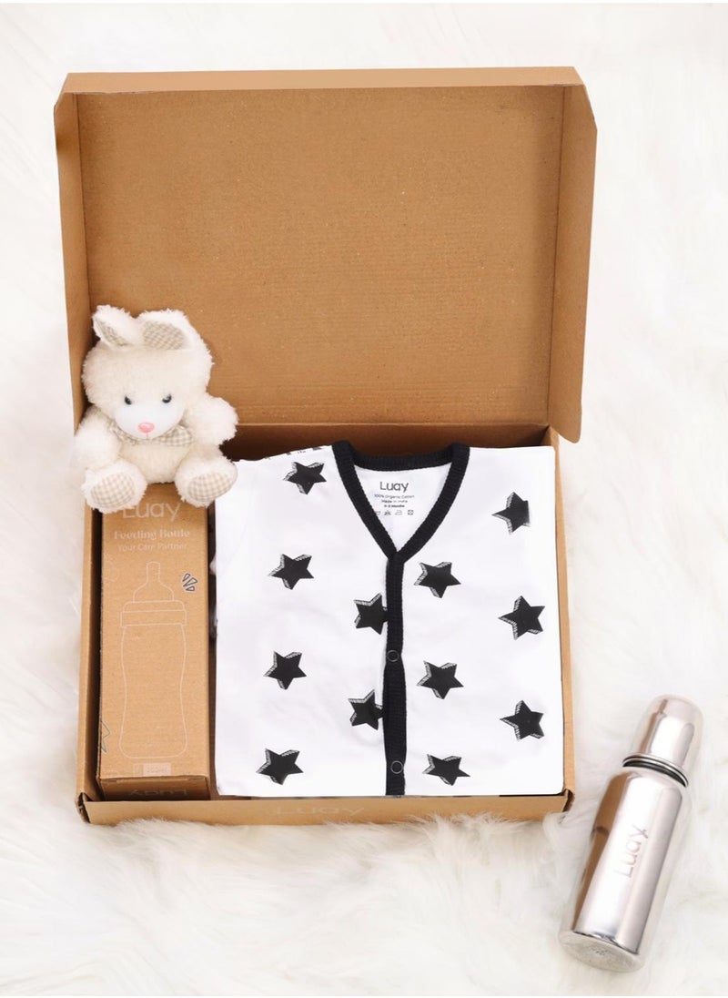 Premium Gift Box Set with The Baby Romper, Baby Feeding Bottle and Teddy Bear Best Hamper for Babies (0-3 M)
