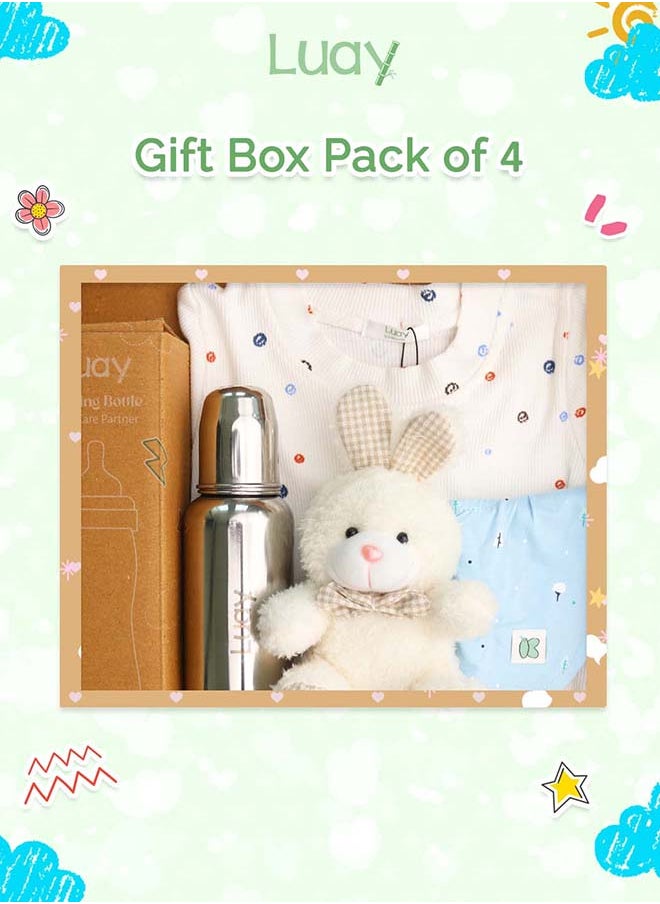 Premium Gift Box Set with The Baby Onesie, Baby Feeding Bottle, Baby Bib  and Teddy Bear Best Hamper for Babies (3-6 M)