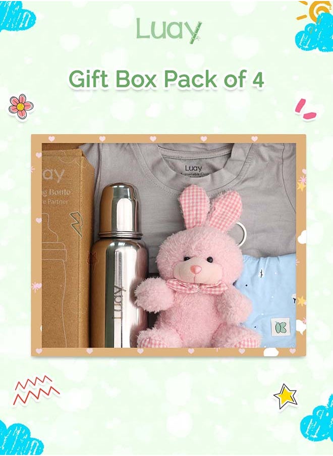 Premium Gift Box Set with The Baby Onesie, Baby Feeding Bottle, Baby Bib  and Teddy Bear Best Hamper for Babies (3-6 M)