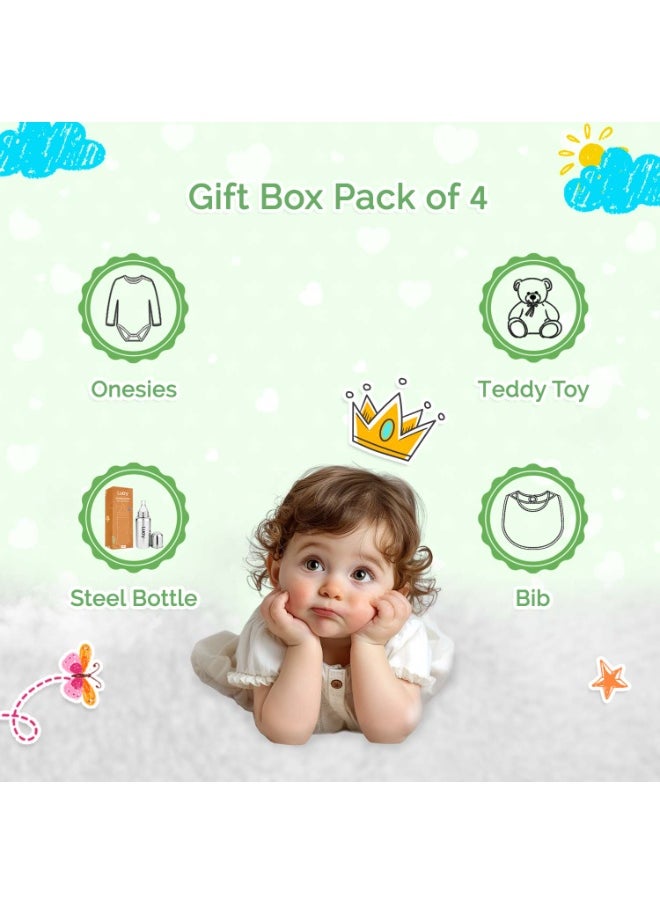 Premium Gift Box Set with The Baby Onesie, Baby Feeding Bottle, Baby Bib and Teddy Bear Best Hamper for Babies (9-12 M)