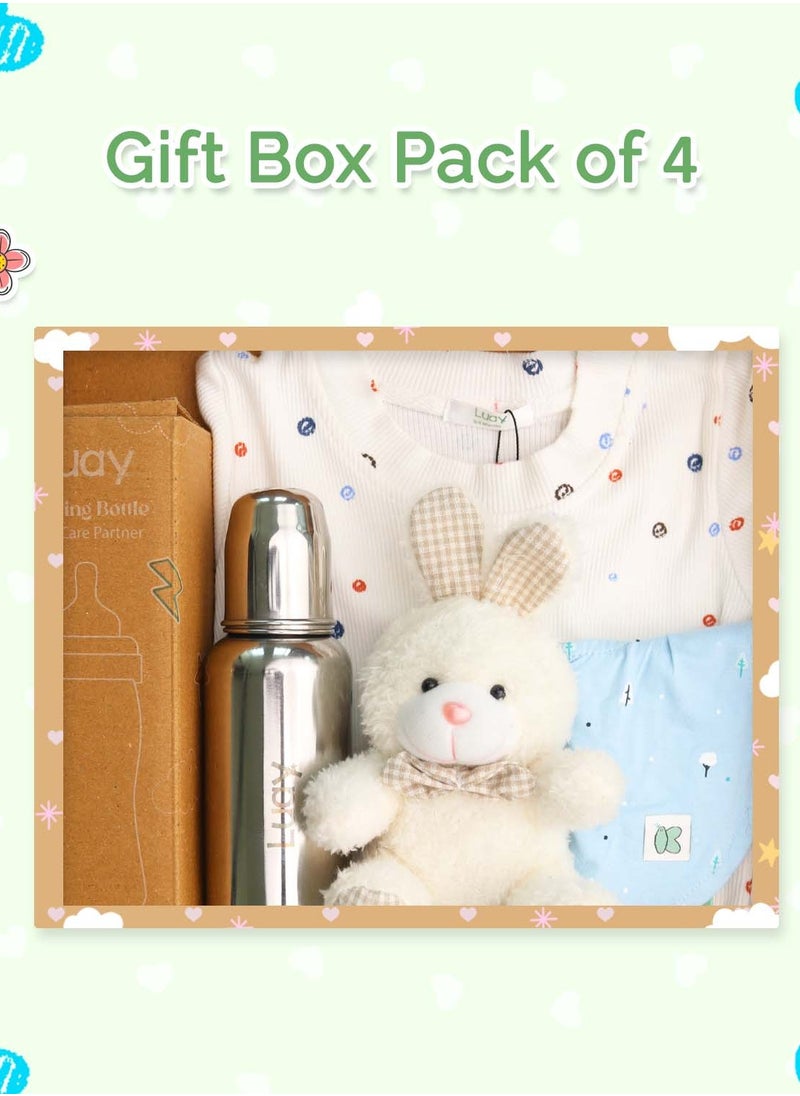Premium Gift Box Set with The Baby Onesie, Baby Feeding Bottle, Baby Bib and Teddy Bear Best Hamper for Babies (9-12 M)